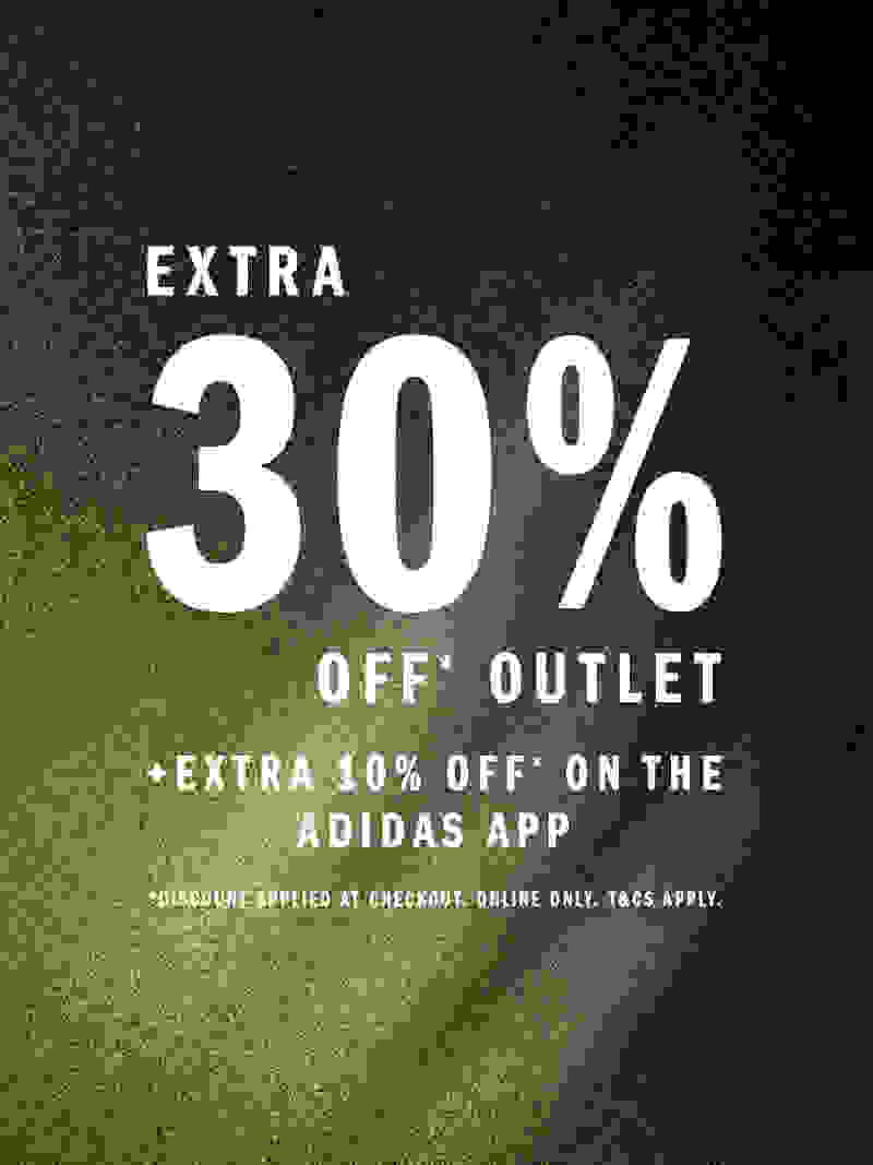The image displays a promotional advertisement for an Adidas outlet, offering an extra 30% off the outlet prices and an additional 10% off when using the Adidas app. The background has a textured, dark green appearance.