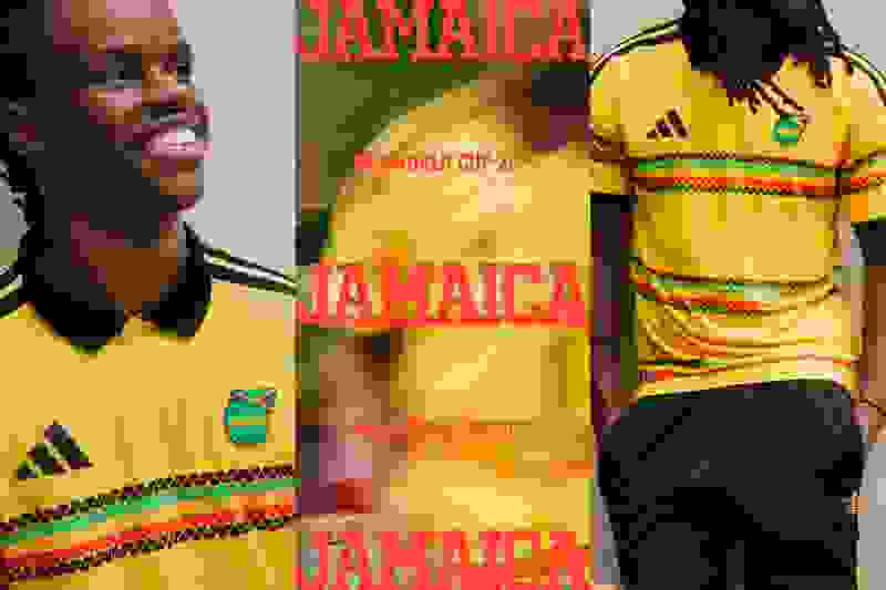 The image features a smiling young person wearing a yellow and green Jamaican national soccer team jersey, with the word "Jamaica" prominently displayed in the background.
