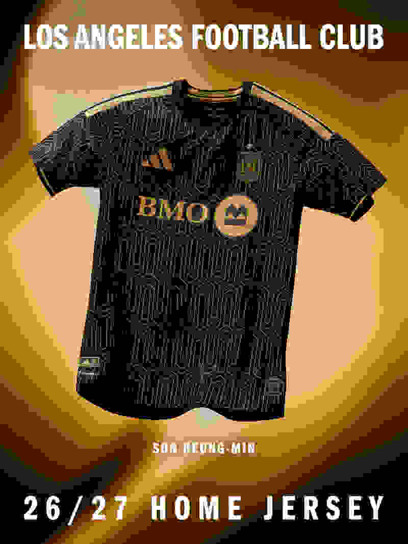 The image depicts a black and gold soccer jersey with the text "LOS ANGELES FOOTBALL CLUB" and "BMO" prominently displayed. The jersey appears to be the home jersey for the Los Angeles Football Club, with a distinctive geometric pattern covering the front.