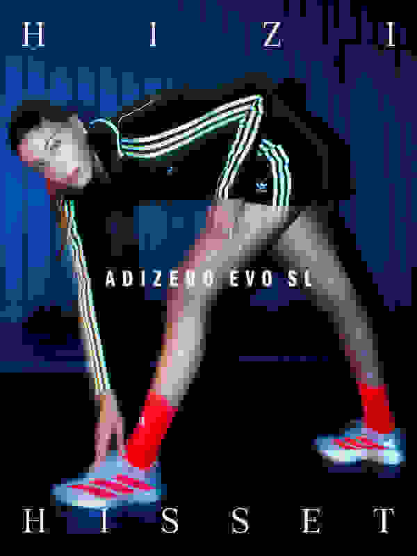 A person wearing a black and white athletic outfit is striking a dynamic pose against a dark blue background with the text "ADIZERO EVO SL" prominently displayed.