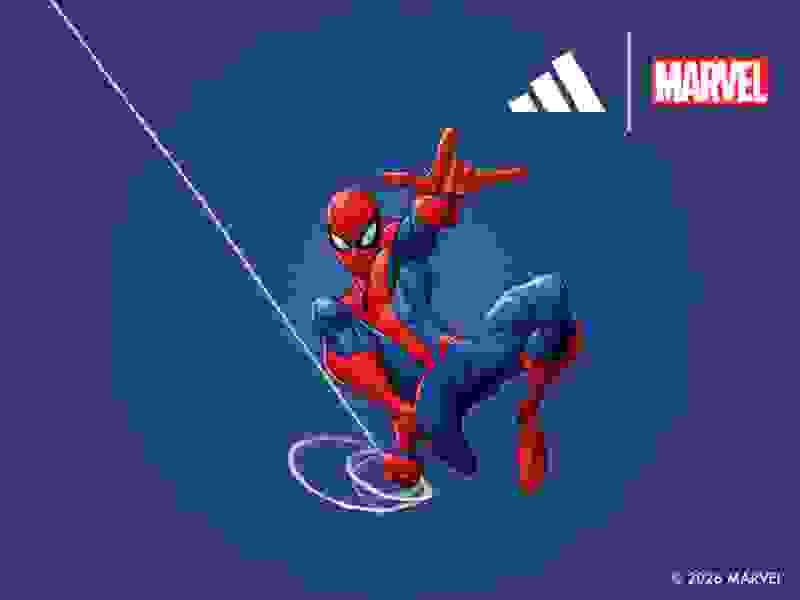 A dynamic and vibrant depiction of the iconic Marvel superhero Spider-Man, swinging through the air against a deep blue background with the Marvel logo prominently displayed.