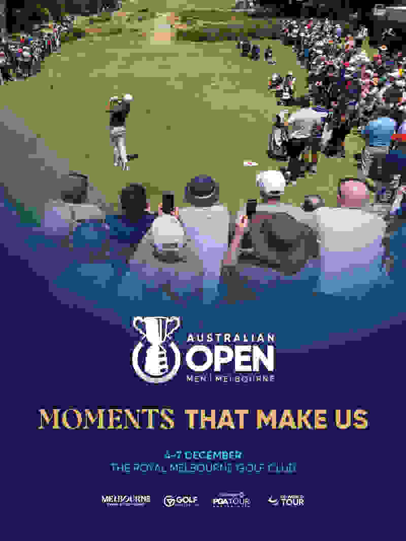 The image shows a large crowd of spectators watching a golfer on a golf course during the Australian Open golf tournament.