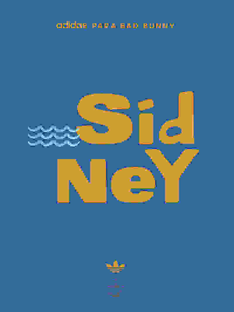 The image features the text "adidas PARA BAD BUNNY" and "Sid Ney" in large, stylized lettering against a bright blue background, with the Adidas logo and a globe icon at the bottom.