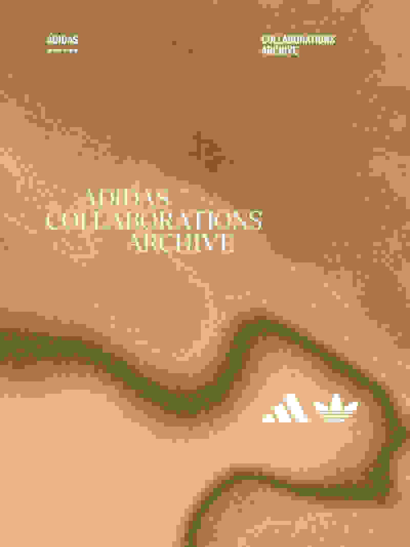 The image features the Adidas logo and the text "Adidas Collaborations Archive" against a golden, textured background with abstract, wavy patterns.