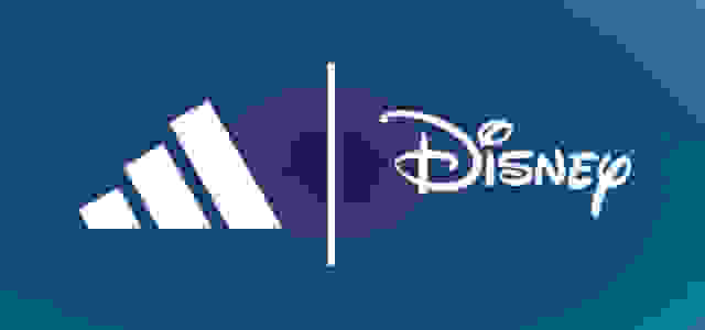 The image features the iconic Disney logo, with the white Disney text and the white Adidas-style three-stripe symbol against a deep blue background.