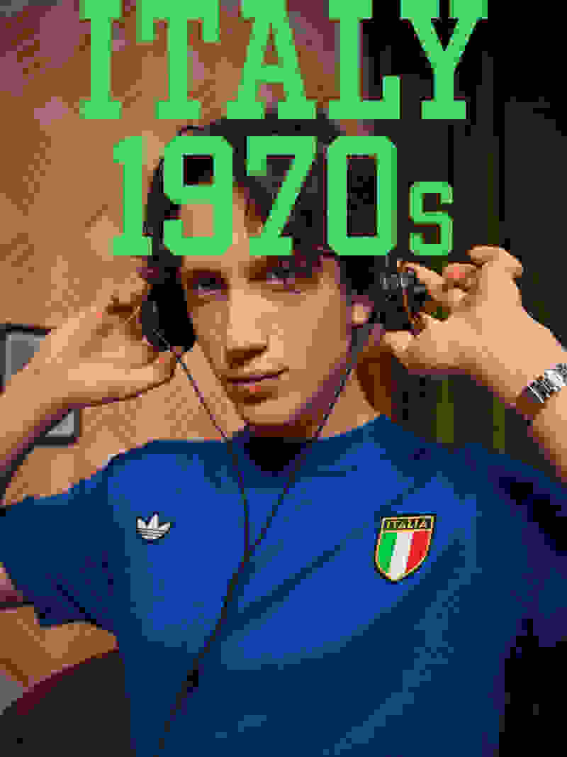A young man wearing a blue Adidas shirt with the Italian flag emblem, listening to headphones and surrounded by a retro-style background with the text "Italy 1970s".