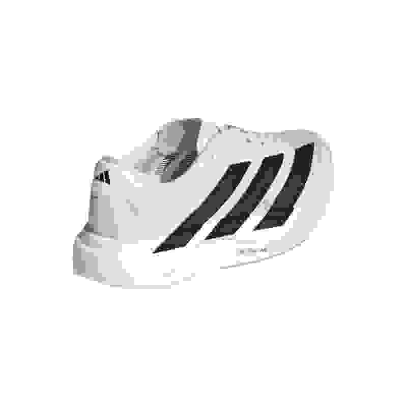 A white and black athletic shoe with the Adidas logo prominently displayed on the side, set against a plain white background.