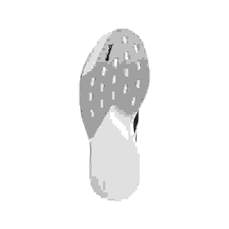 The image shows a close-up view of the sole of a running shoe, featuring a white and gray design with perforations for ventilation.