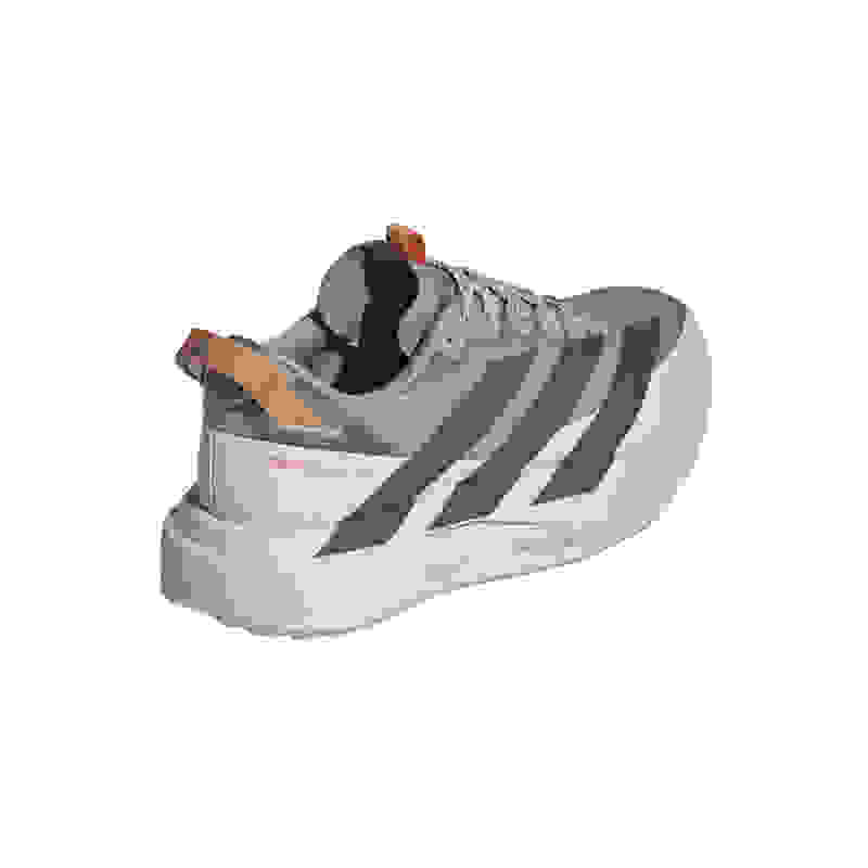 A pair of gray and orange athletic shoes with a distinctive treaded sole, set against a plain white background.