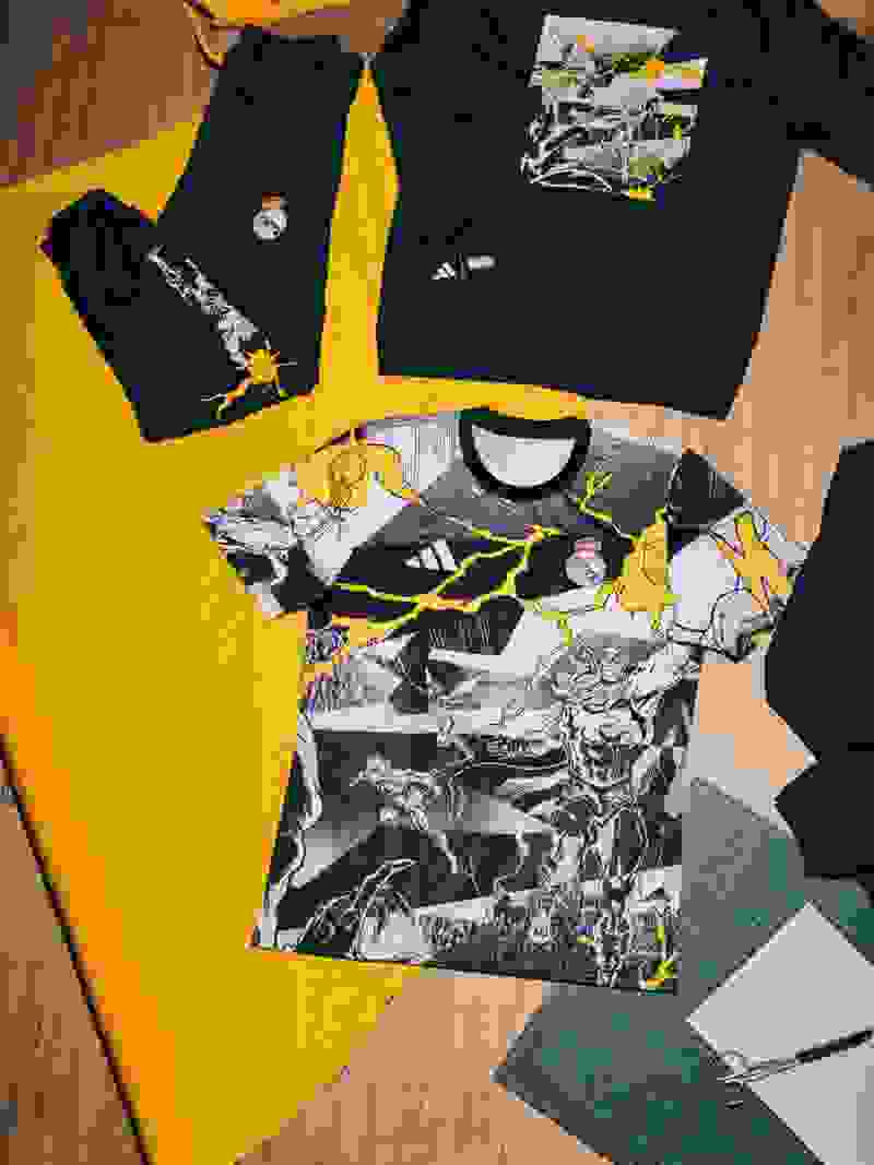 The image displays various sports apparel and accessories, including black and yellow jerseys, a black and white patterned shirt, and a pair of black shorts.