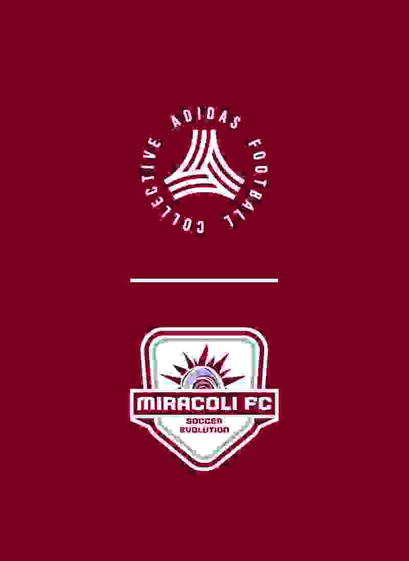 L'immagine mostra il logo adidas sulla parte superiore e il logo del club di calcio Miracoli FC sulla parte inferiore, entrambi su uno sfondo rosso intenso.