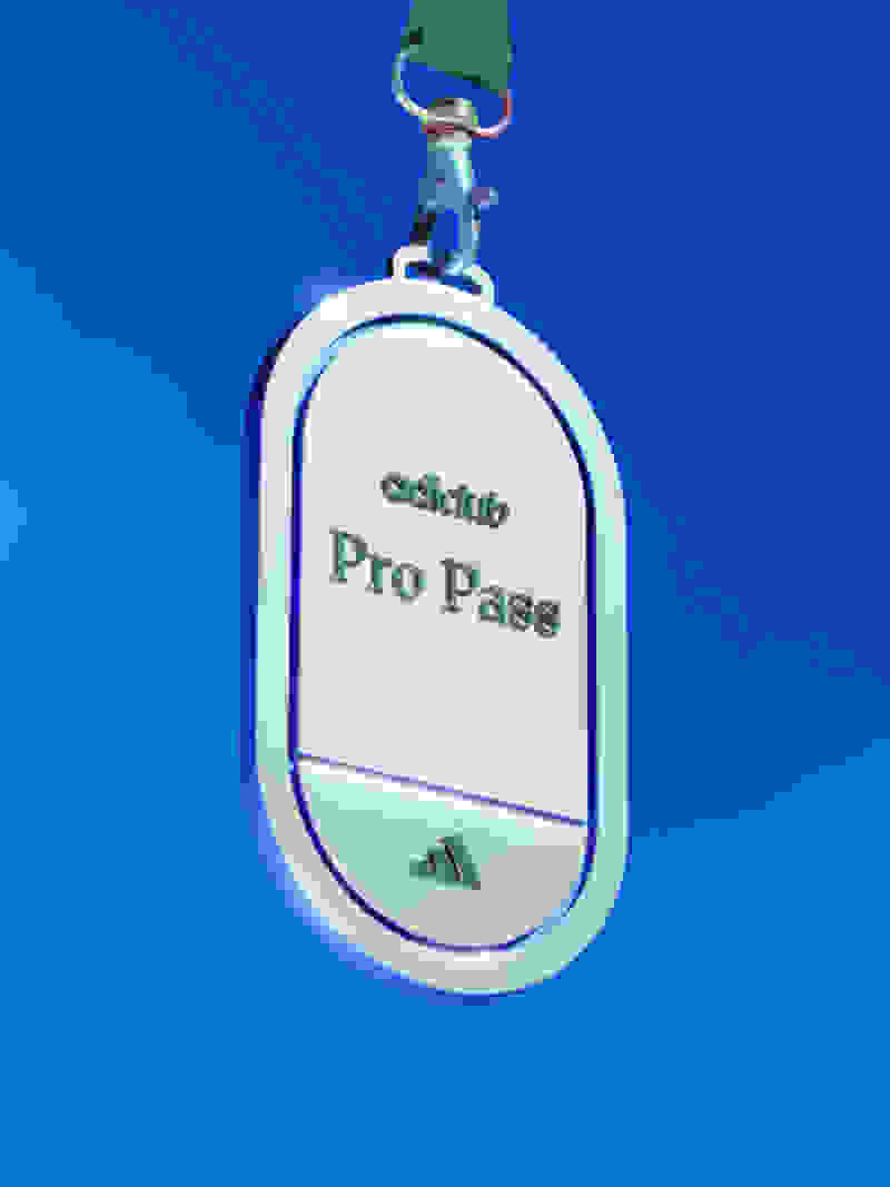 A white and green "Adidas Pro Pass" badge hangs against a vibrant blue sky.