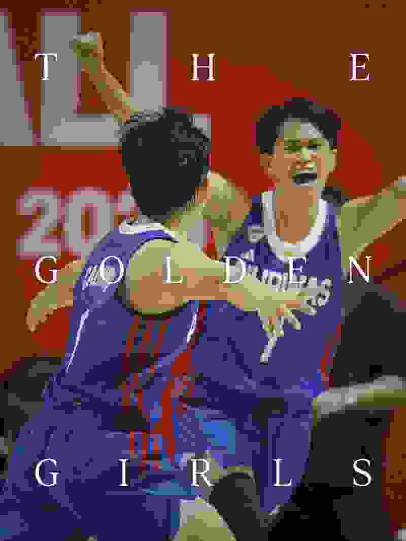 Two basketball players in blue jerseys celebrating on a basketball court with a red background displaying the text "The Golden Girls".