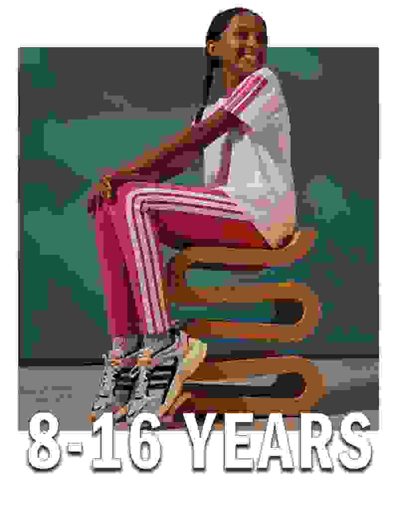 A young person with braided hair sits on a wooden chair against a teal background, wearing a white shirt and red and white striped pants, with the text "8-16 YEARS" displayed below.