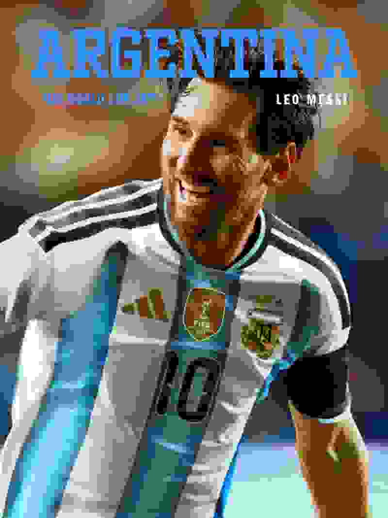 The image shows a smiling soccer player wearing an Argentina jersey with the number 10, against a background featuring the text "ARGENTINA FIFA WORLD CUP 2022" and the player's name "LEO MESSI".