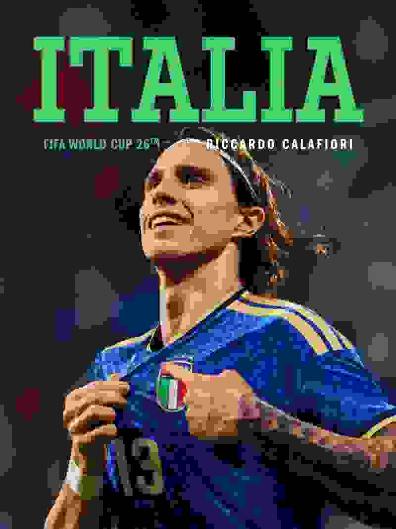 The image features a smiling soccer player wearing the Italian national team jersey, with the text "ITALIA FIFA WORLD CUP 26th" and "RICCARDO CALAFIORI" prominently displayed.