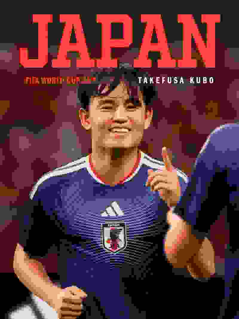 The image shows a smiling Japanese soccer player wearing a blue and white jersey, standing on a soccer field with a red "JAPAN" text in the background.