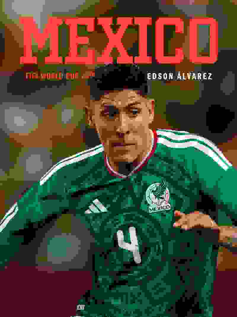 The image features a soccer player wearing a green jersey with the number 4 and the word "Mexico" prominently displayed, against a red background with the text "FIFA World Cup 2026" and the name "Edson Alvarez".