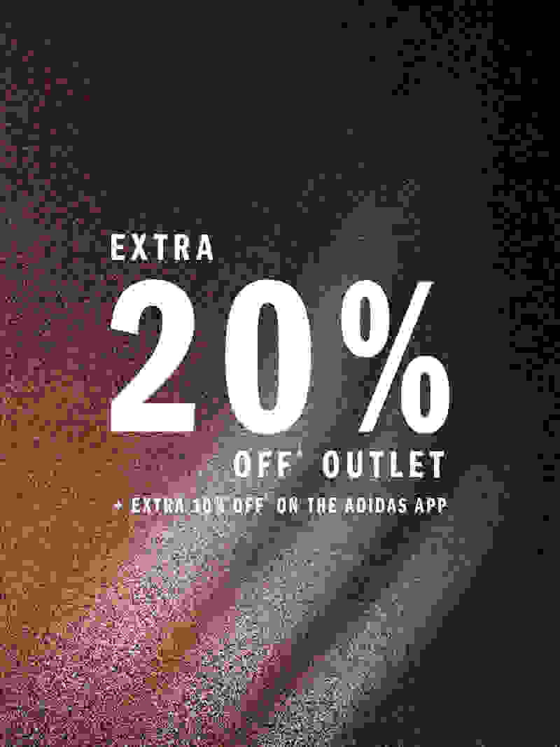 Extra 20% off outlet, with an additional 10% off on the Adidas app, displayed against a dark, textured background.