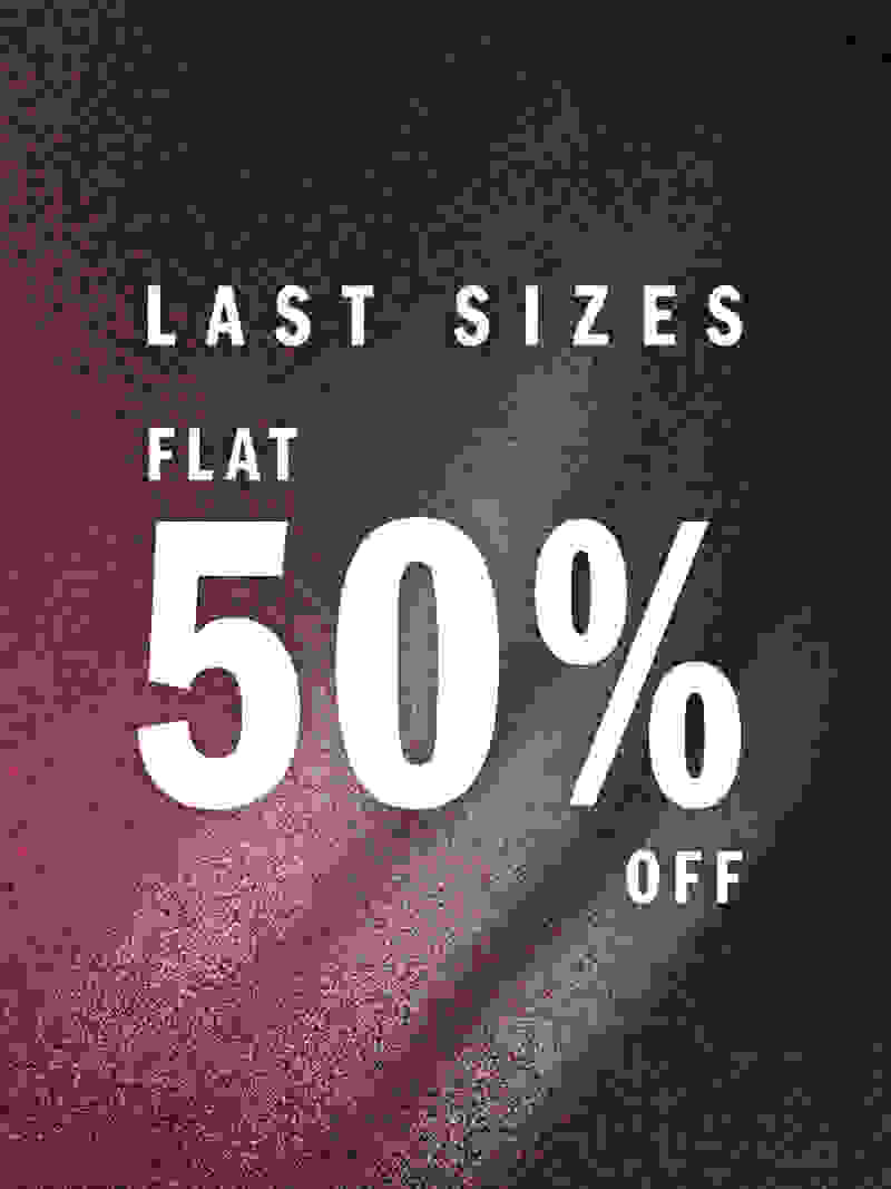 Last sizes flat 50% off displayed on a dark red background.