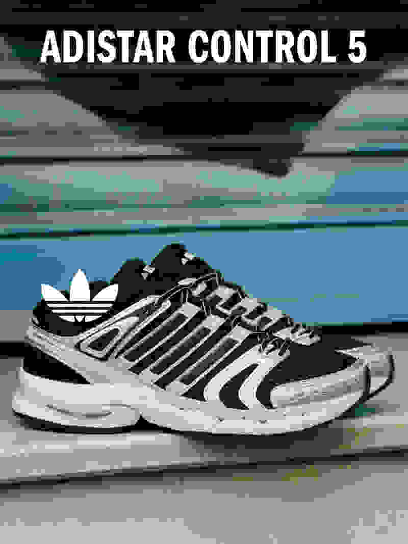 The image shows a pair of black and white Adidas Control 5 sneakers on a wooden surface, with the Adidas Control 5 logo prominently displayed in the background.