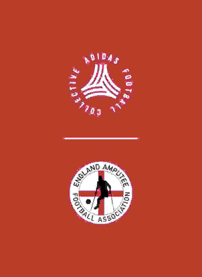 Das Bild zeigt das adidas Logo und das Logo des England Amputee Football Association vor einem einfarbigen roten Hintergrund.