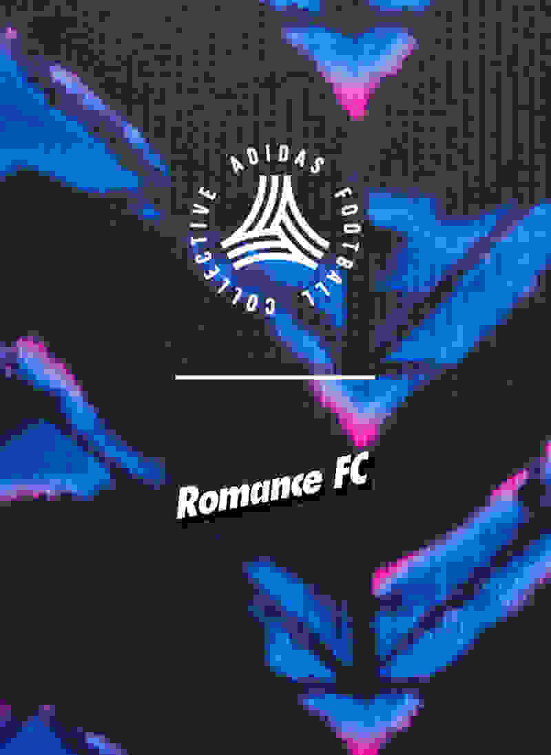 L'immagine presenta il logo adidas e la scritta "Romance FC" su uno sfondo vivace e astratto di tonalità blu e rosa.