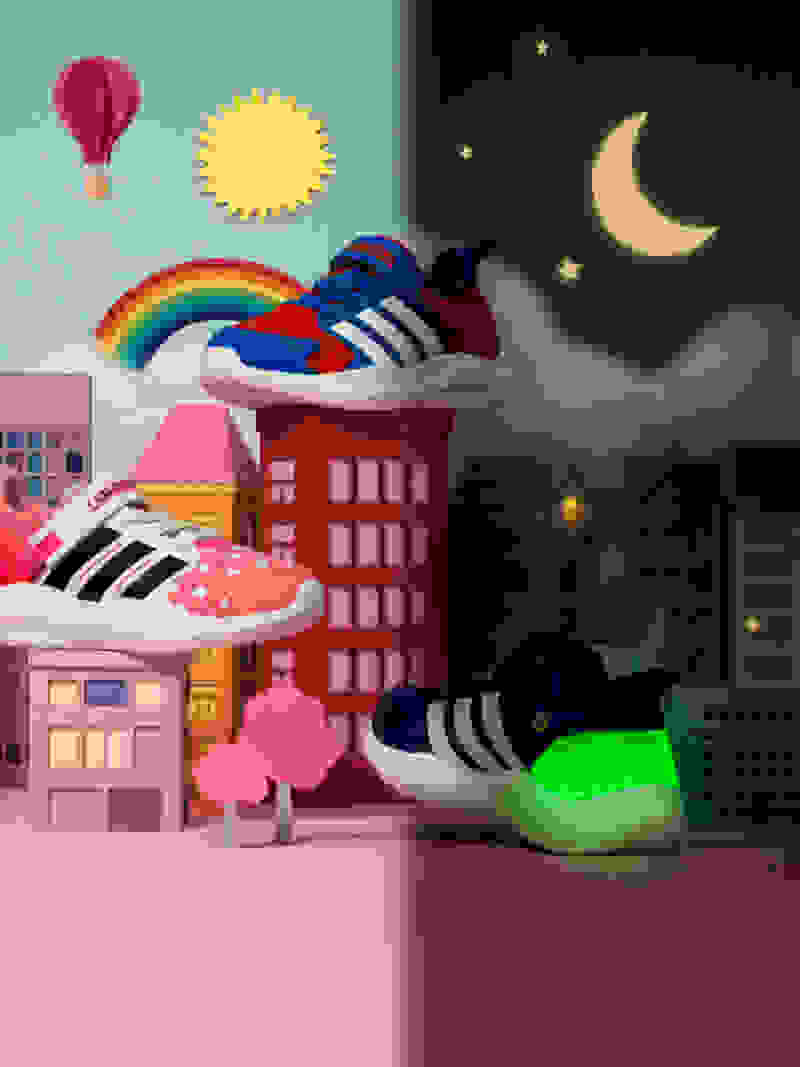 Een levendige en speelse scène met kleurrijke sneakers, een regenboog, een luchtballon en een nachtelijke hemel met een halve maan en sterren, allemaal geplaatst tegen een achtergrond van gestileerde gebouwen en het stadslandschap.