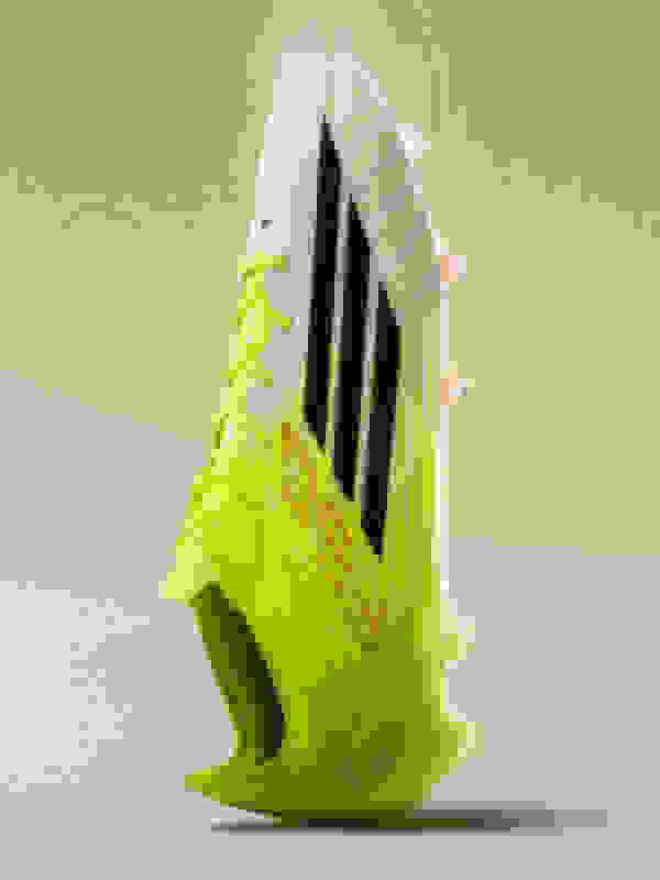 L'immagine mostra una scarpa da calcio bianca e verde lime in equilibrio verticale sul tallone su uno sfondo verde lime sfumato e bianco.