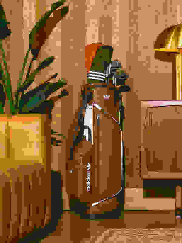 Een golftas met verschillende clubs en accessoires zit in een behaaglijke, houten kamer, omgeven door een leren stoel en een potplant, wat een warme en uitnodigende sfeer creëert.