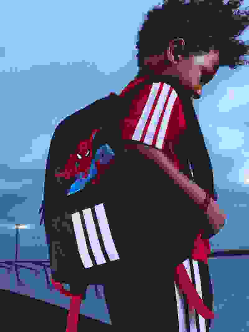 A young person wearing a backpack with a Spider-Man design, standing in front of a body of water and a cloudy sky.