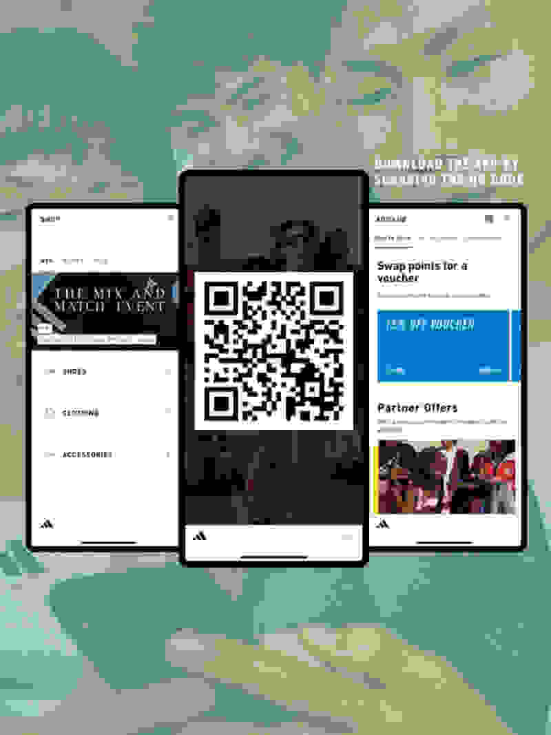 The image shows a mobile device displaying various screens, including a QR code, a voucher, and partner offers, all set against a blurred background of people.