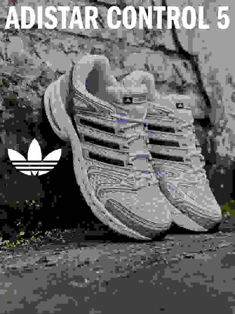 The image shows a pair of gray and white Adidas Control 5 sneakers resting on a rocky, natural surface.