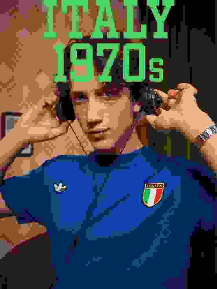 A young man wearing a blue Italy soccer jersey and headphones, with a "Italy 1970s" text overlay in the background.