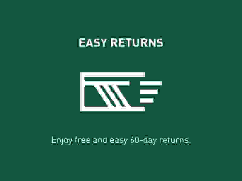 The image features the text "EASY RETURNS" in large white letters against a dark green background, along with a simple graphic icon depicting a stack of books or documents. The text below the main message states "Enjoy free and easy 60-day returns."