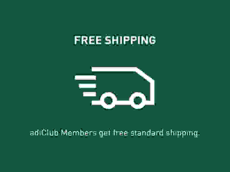 The image displays a green background with a white icon of a delivery truck, accompanied by the text "FREE SHIPPING" and "adiClub Members get free standard shipping."