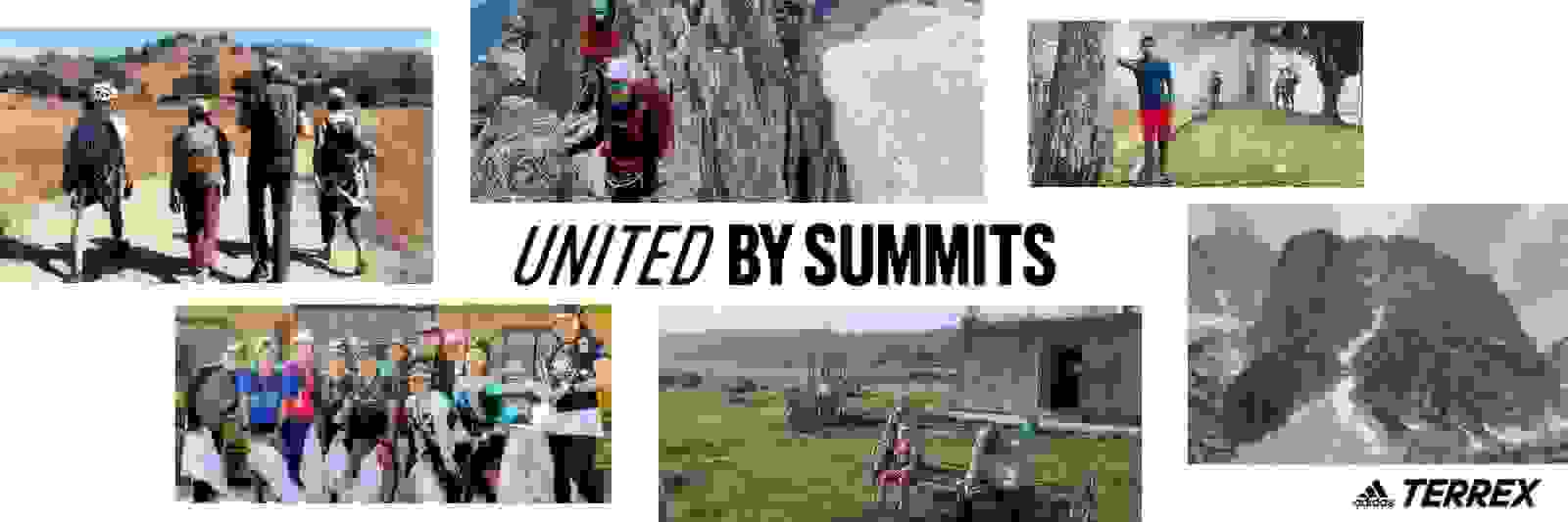 Das Bild ist eine Collage mit verschiedenen Outdoor-Aktivitäten und Szenen, darunter Klettern, Wandern und Gruppentreffen, alles unter dem Banner „United by Summits“.
