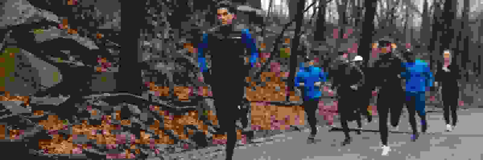 Un grupo de personas vestidas con ropa deportiva están caminando por un sendero a través de una zona boscosa con hojas caídas en el suelo.