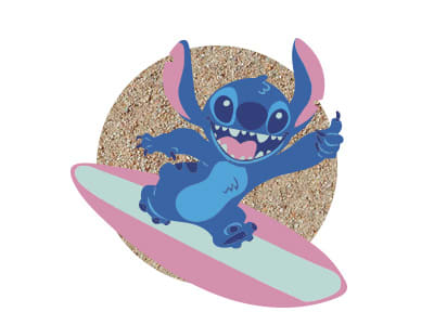 A blue, cartoon-like creature with large eyes and ears is surfing on a pink surfboard against a circular, sandy-colored background.