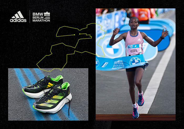 Image of athlete crossing the finish line and an image of a shoe with the outline of a race track.