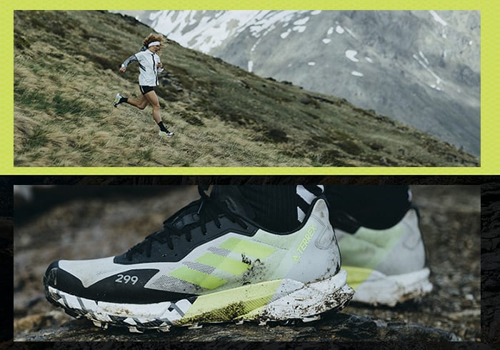 Athlete Ekaterina wearing the Agravic Ultra running down rocky mountain trails