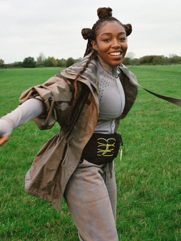 A collection of 3 images featuring the latest Workout Wardrobe drop from adidas by Stella McCartney.1. Leila Davis looks to camera wearing a white bra and pink leggings. 2. Nami Nagakura stands in all-yellow. 3. Leila Davis smiles wearing an all-grey look with a neon-accented bum bag.