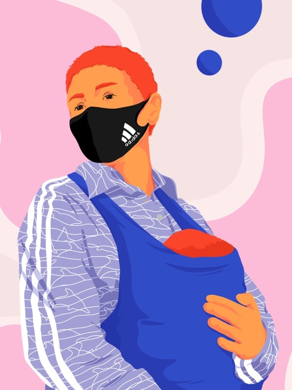 A mom enjoys getting some headspace as she walks with her baby in nature wearing an adidas mask for peace-of-mind.
