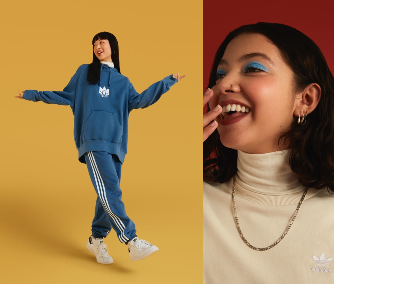 Woman in blue tracksuit and friend in cream poloneck.