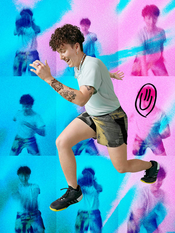 A non-binary athlete in workout gear doing a lunge in front of a bright pink and turquoise background.