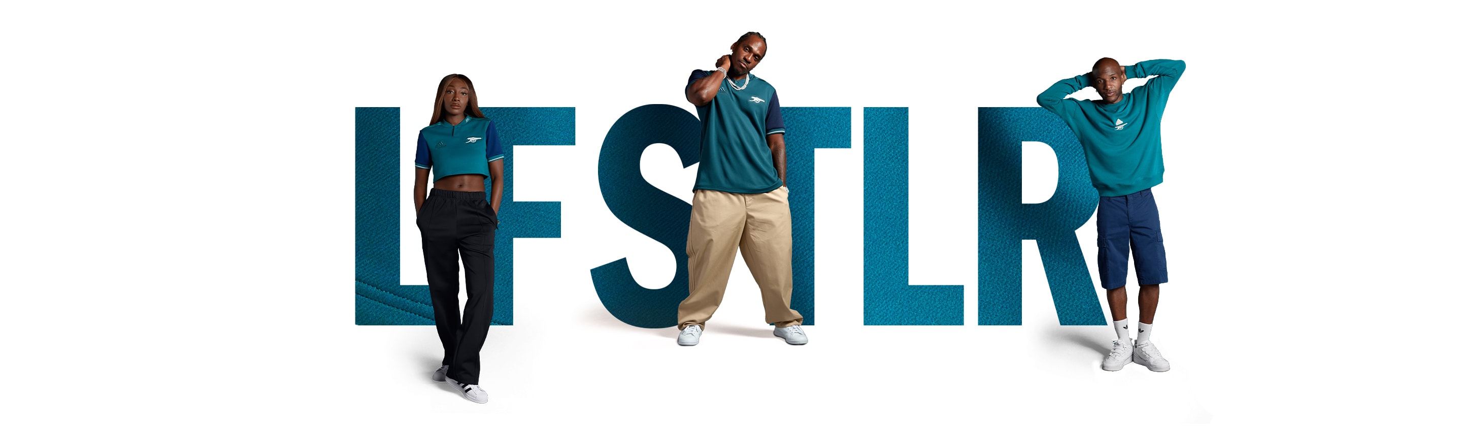 Group of three male and female influencers wearing the new Arsenal LFTSLR collection.