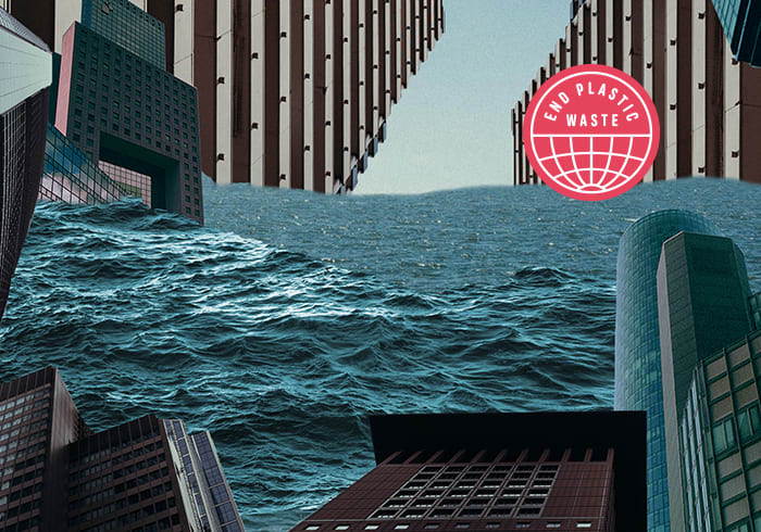 A cityscape with ocean waves flowing between buildings