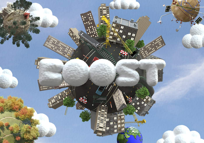 Sky scraper globe in night time sky with character and boost