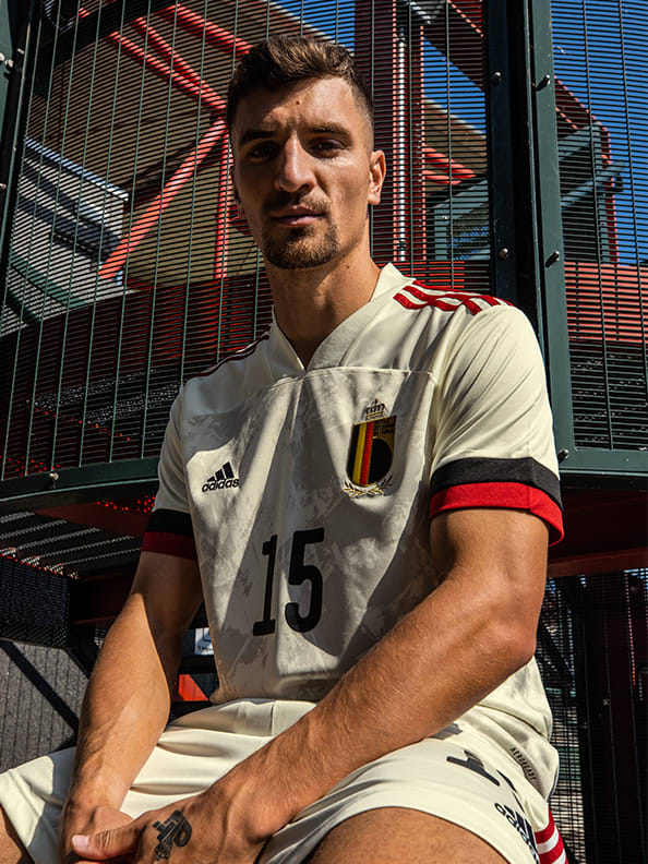 Thomas Meunier wearing the new Belgium Away jersey.