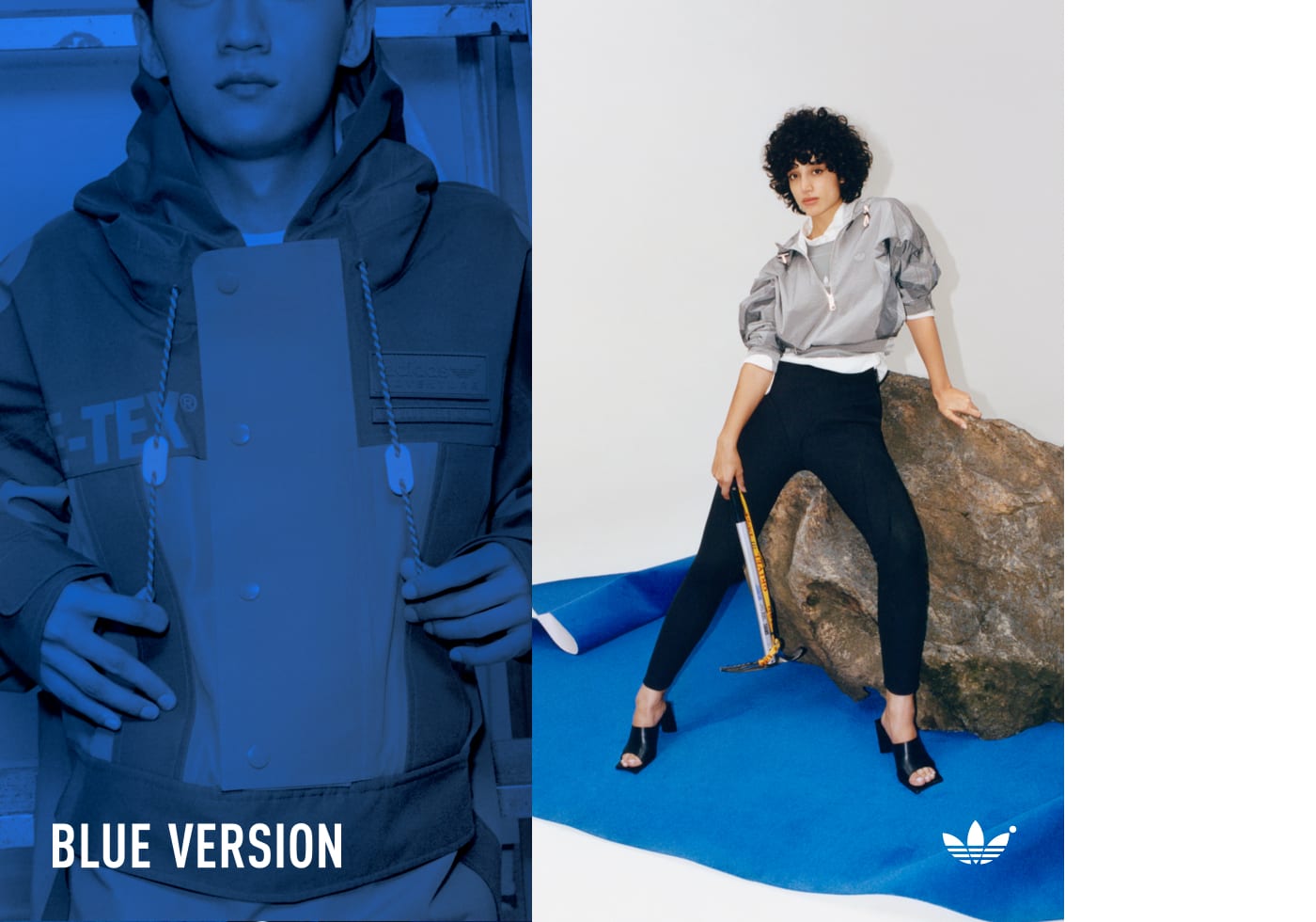 Two perpendicular images of two models sporting garments from the latest Blue Version collection.